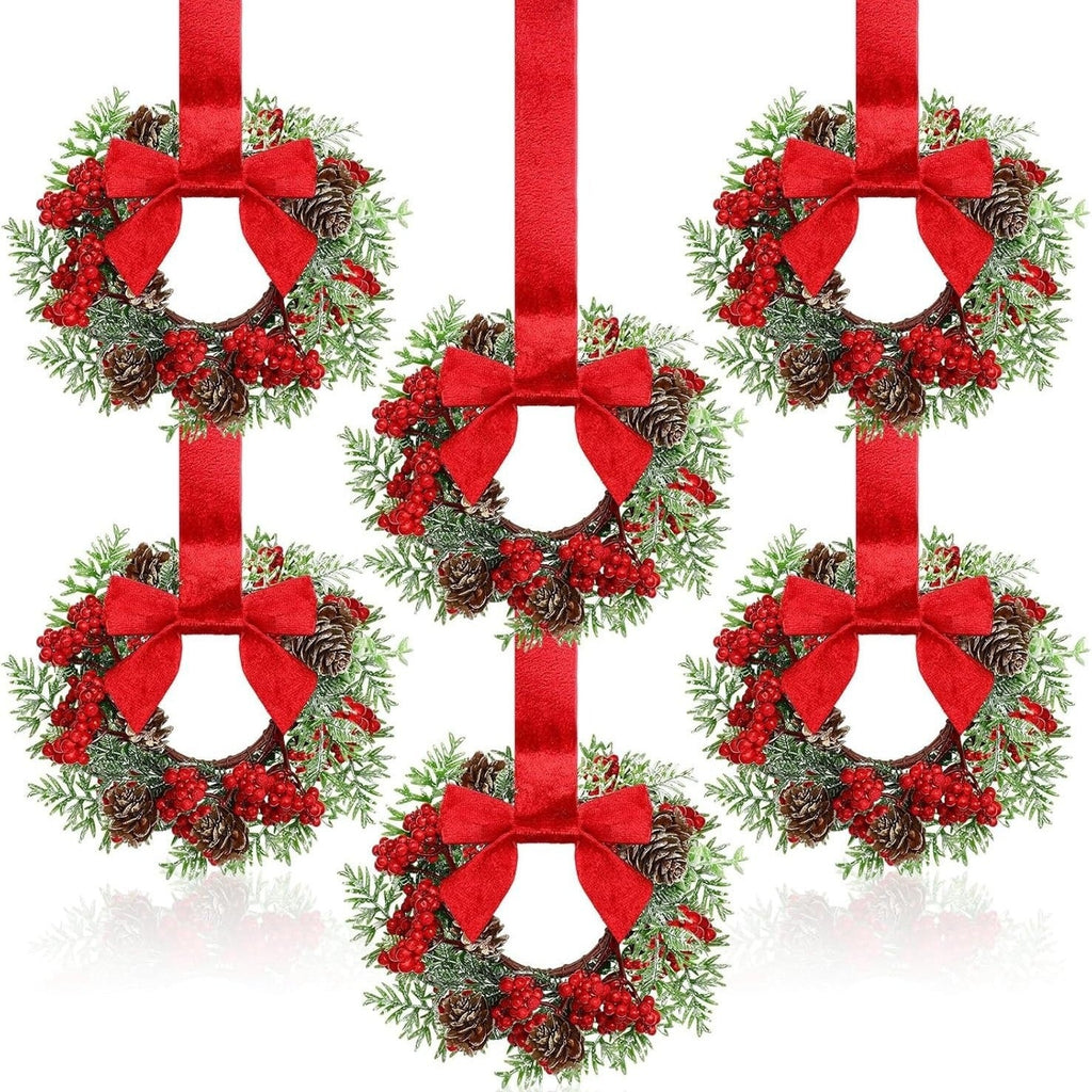 🎅Early Christmas Sale-🎄Christmas Mini Window Wreaths with Ribbon Bows & Red Berries