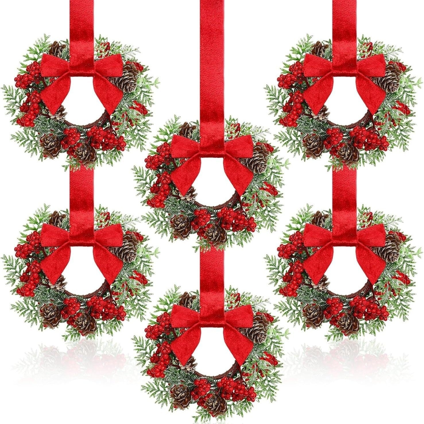 🎅Early Christmas Sale-🎄6-Pack Christmas Mini Window Wreaths with Ribbon Bows & Red Berries