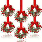 🎅Early Christmas Sale-🎄6-Pack Christmas Mini Window Wreaths with Ribbon Bows & Red Berries